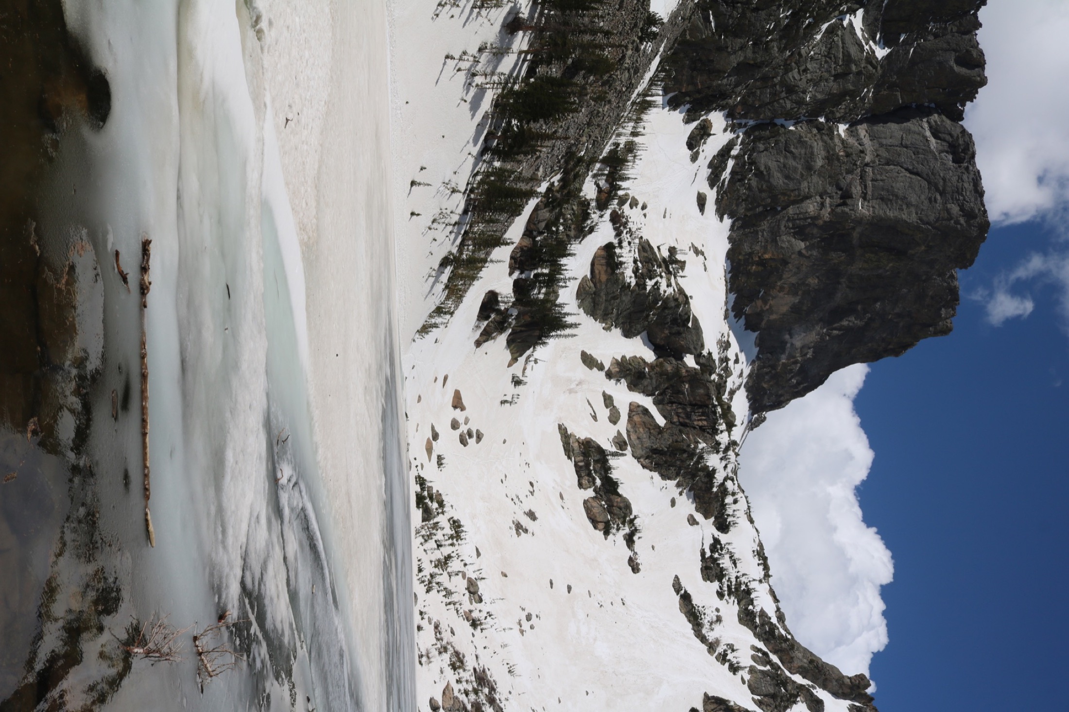Snow-covered alpine basin and mountain cliffs in Colorado