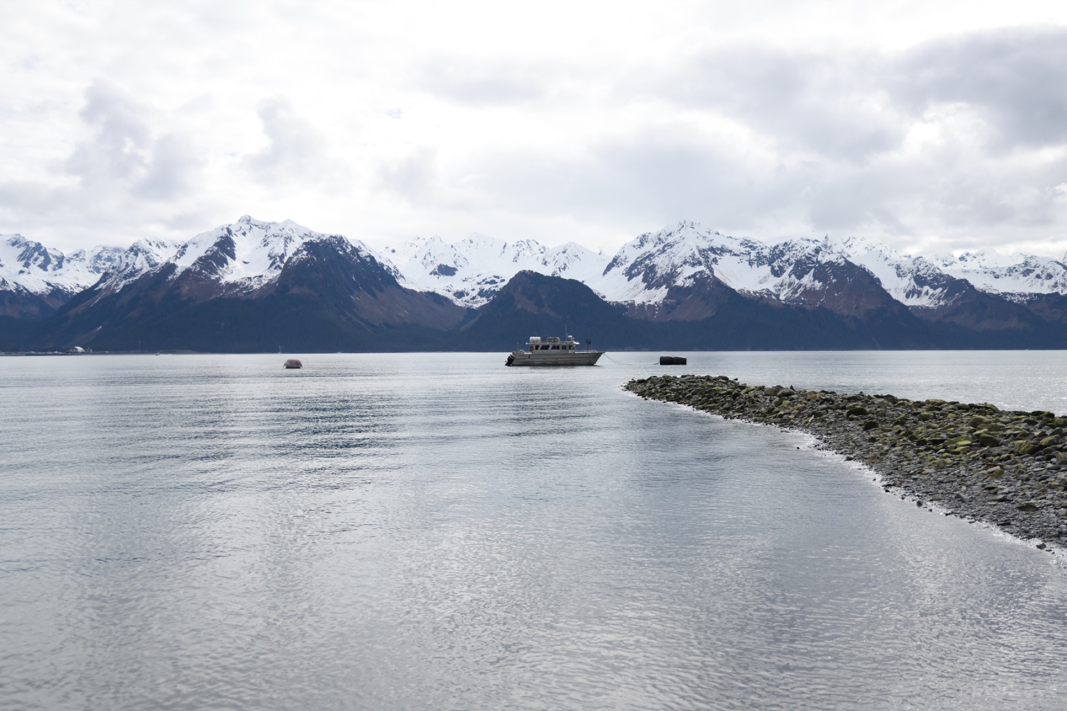 A boat on calm water with the snowy mountains near Seward beyond